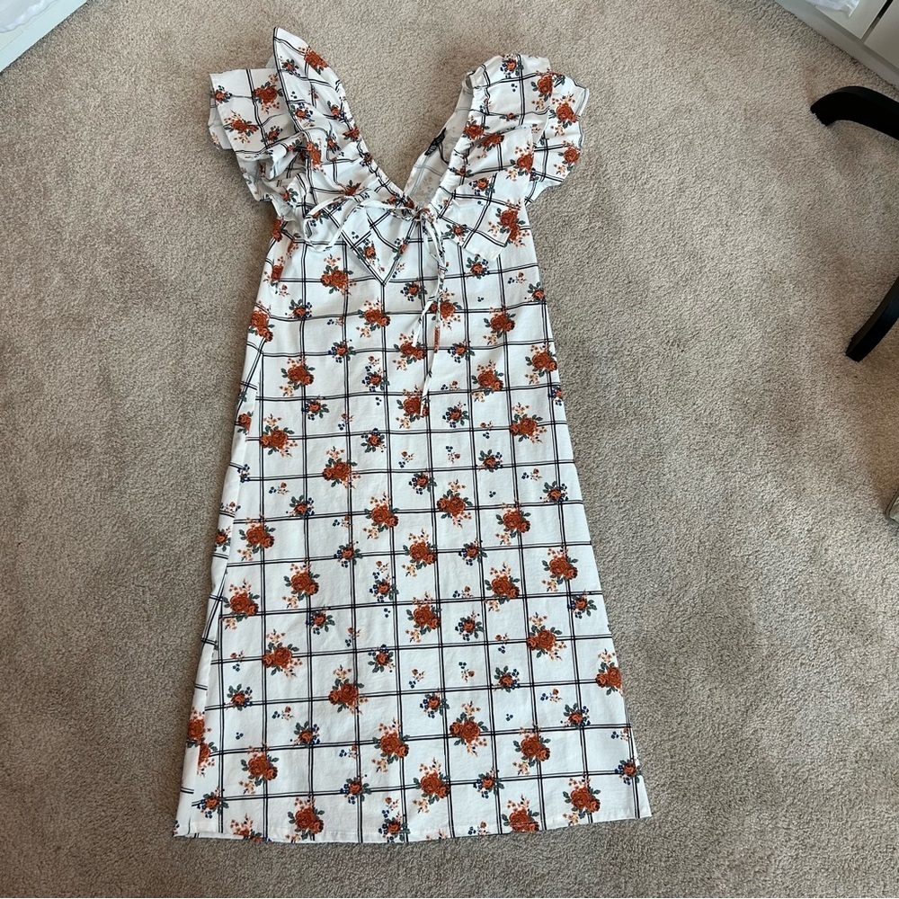 Zara white floral flower windowpane print ruffle sleeve dress boho prairie Sz S